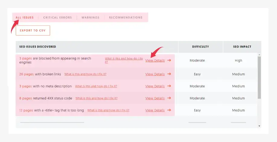 ubersuggest site audit critical errors