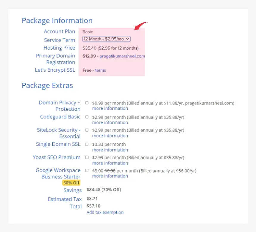 bluehost package information for blog